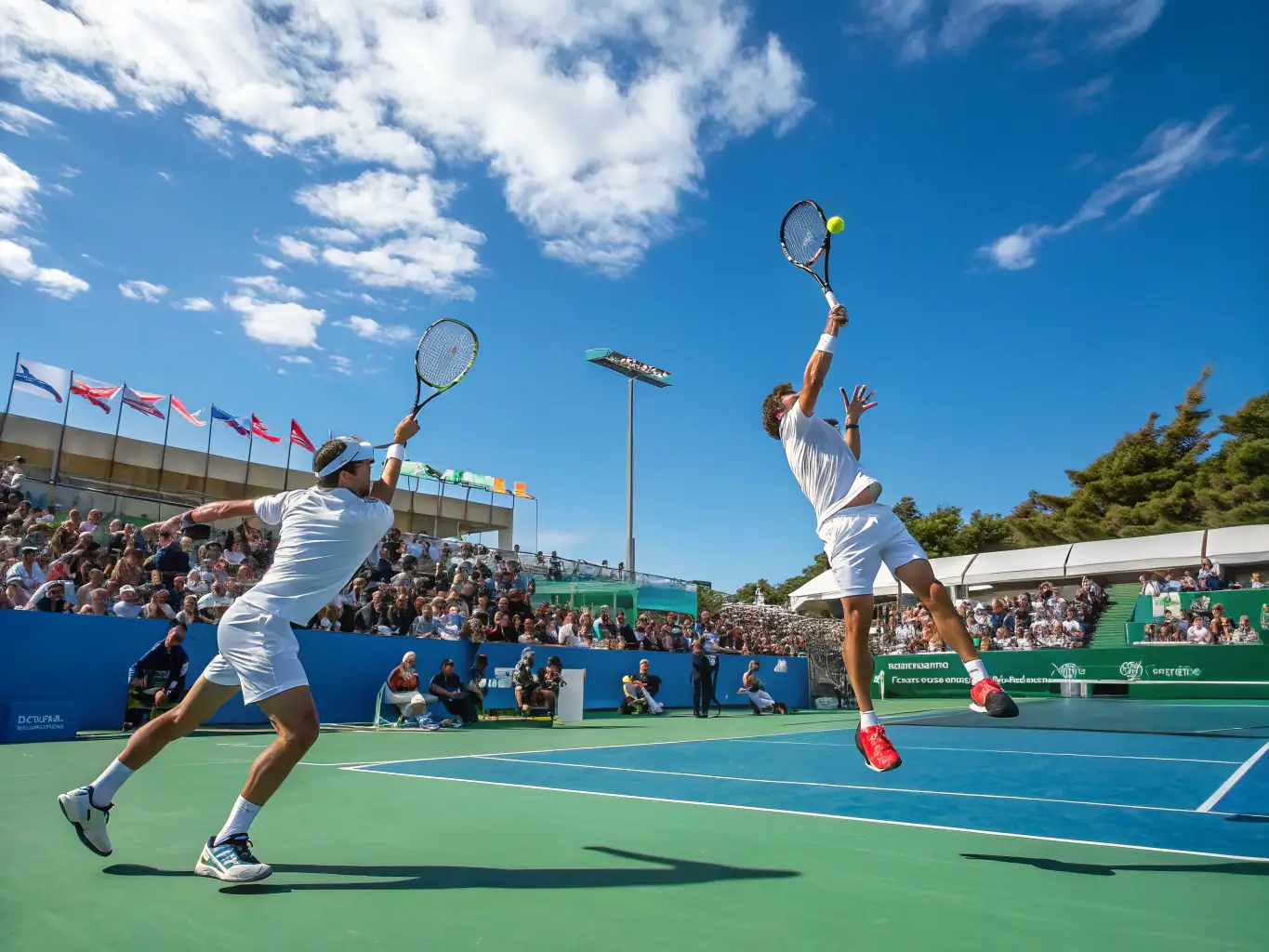 A dynamic shot of adult players engaged in a competitive tennis match, highlighting the intensity and camaraderie of the sport, with the club's facilities visible in the background.