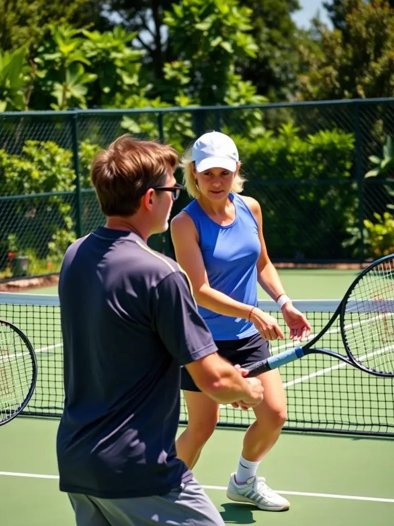 A vibrant image of club members participating in a friendly doubles match on a sunny day, showcasing the social aspect of the club.
