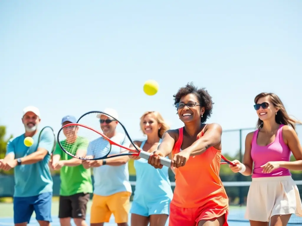 A diverse group of tennis players, both men and women, participating in a friendly doubles match on a sunny outdoor court. The players are smiling and displaying good sportsmanship, set against a backdrop of lush greenery.