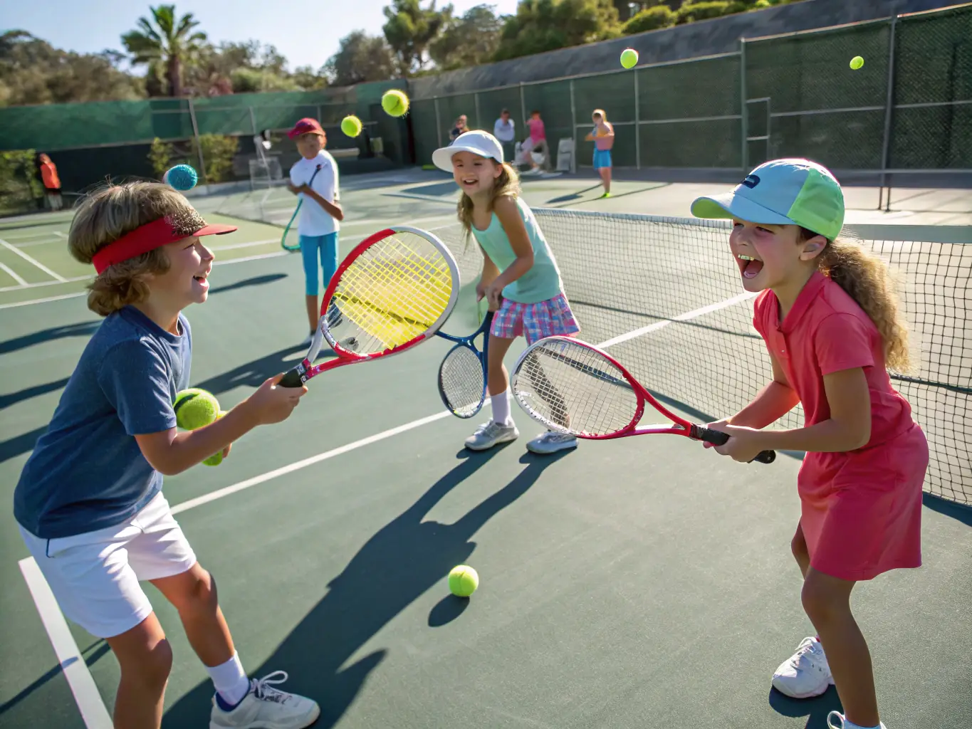 A vibrant image of children participating in a tennis clinic, showcasing their enthusiasm and engagement with the sport, set against the backdrop of the tennis club's courts.